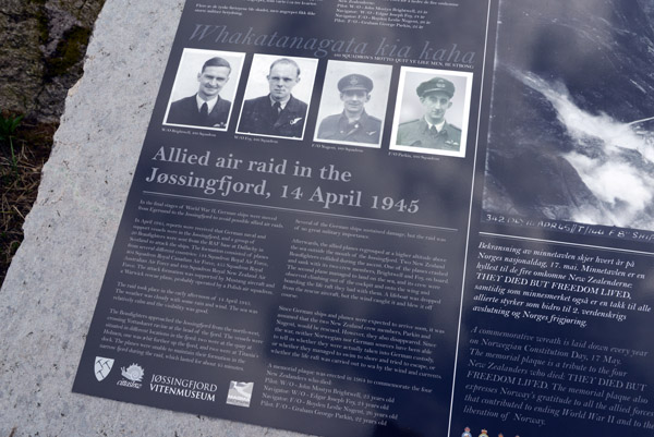 Historic tablet about the Allied raid on Jssingfjord, 14 April 1945 where 4 NZ airmen were lost