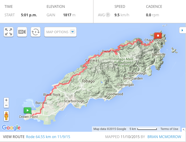 65 tough km along the north shore of Tobago with a total elevation gain of 1817m 