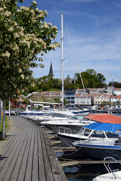 Boats tied up along the Grimstad Boardwalk