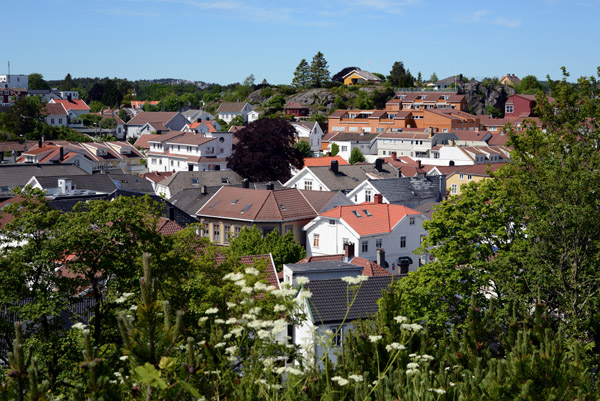 View of the roofs of the town of Grimstad from Kirkeheia