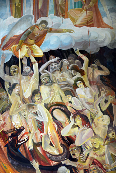 The style of the Last Judgement painting varies greatly from traditional Russian Orthodox icons