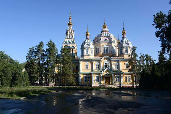 Zenkov Cathedral is on the west side of Panfilov Park