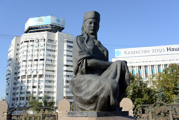 Statue of a Kazakh woman, part of the new Independence Monument in the center of Republic Square