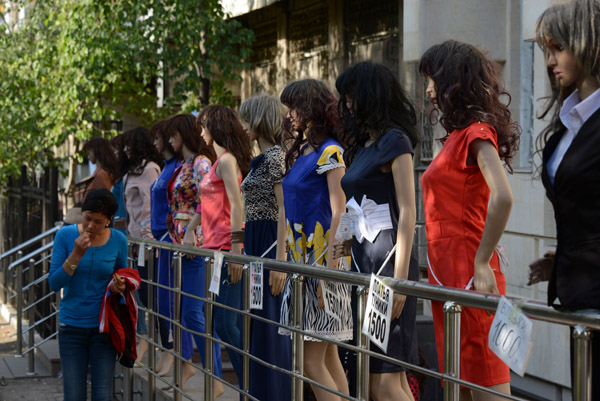 Row of mannequins along Pushkin Street, Almaty