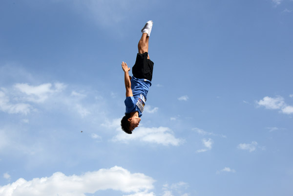 Trampoline gymnasts at a sport festival in front of the Republic Palace, Almaty