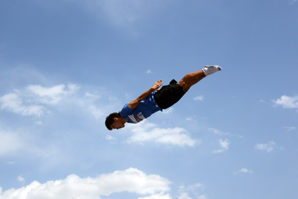 Trampoline gymnasts at a sport festival in front of the Republic Palace, Almaty