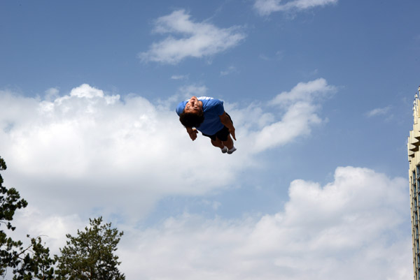 Trampoline gymnasts at a sport festival in front of the Republic Palace, Almaty