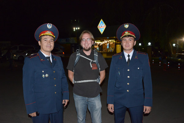Steven with two firefighters in their Soviet-style dress uniforms