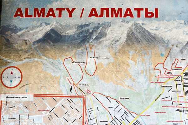 Map of Almaty with the nearby mountain resorts