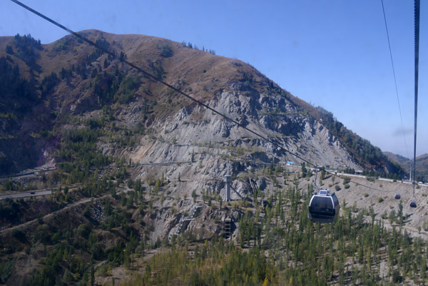 View back to the south side of the Medeu Dam with the Shymbulak Cable Car