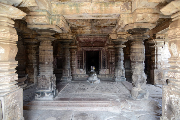 Large interior of the Gauri Temple with ornately carved columns