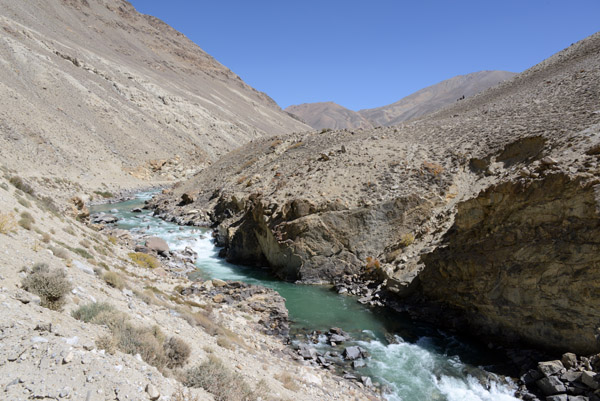 Rapids in a narrow section of the Pamir River, perhaps someday a site of adventures sports like rafting, inshallah