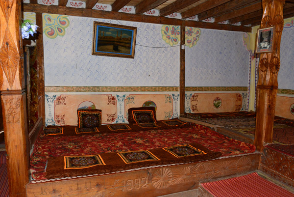 The main room of the Jama'at Khana, traditional Pamiri architecture filled with symbolism