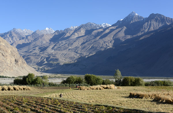 Agricultural fields of Langar in the Wakhan Valley with the mountains of Afghanistan across the Panj River