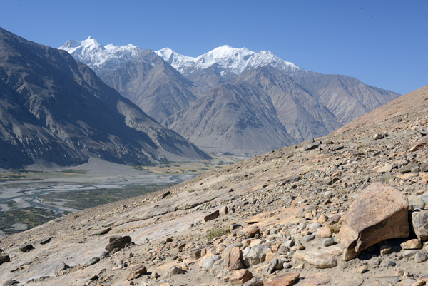 The snow covered peak on the right in the Wakhan Corridor of Afghanistan is around 19,150 ft