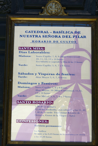 Schedule of Masses, Baslica de Nuestra Seora del Pilar