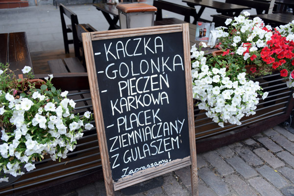 Polish menu: Duck, Pork Knuckle, Pork Neck, Potato Pancake with Goulash, Pod Samsonem