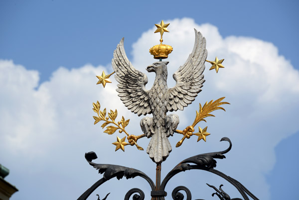Polish crowned eagle over the gate to Warsaw University