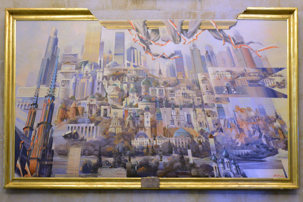 Large painting of the architectural landmarks of Warsaw, Palace of Culture and Science