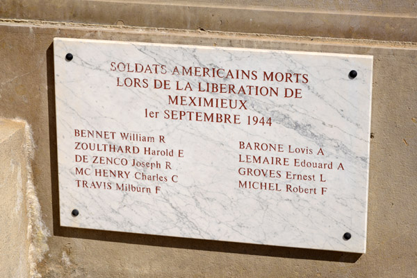 Plaque dedicated to the 9 American soldiers killed during the Liberation of Meximieux, 1 Sept 1944