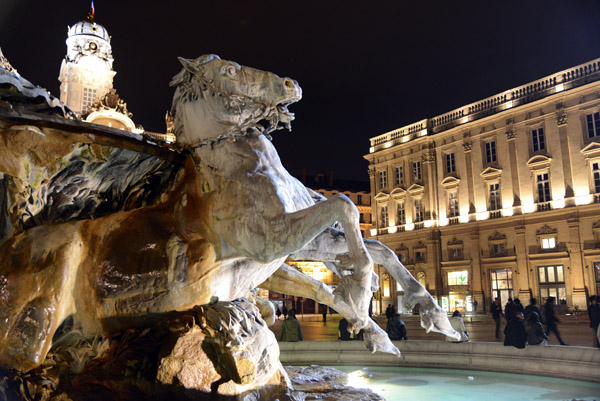 Detail of the Bartholdi Fountain at night, Place des Terreaux, Lyon