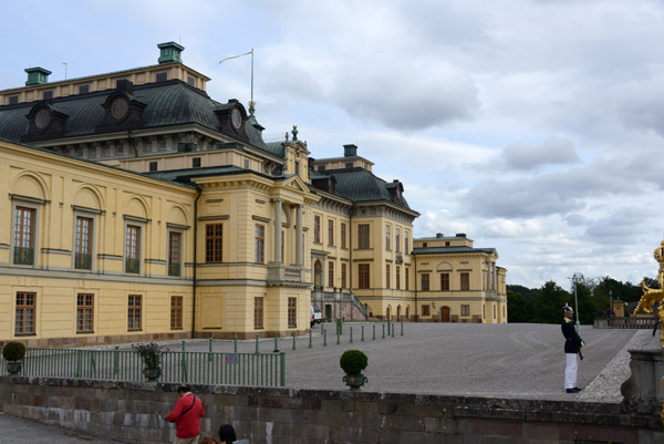 West terrace in front of Drottningholm Palace with a palace guard