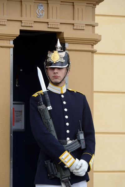 Palace Guard and sentry box with the monogram of Carl XVI Gustaf