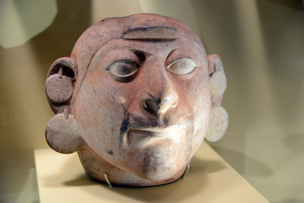 Ceramic vessel of a man with goatee and ear ornaments, Moche (AD100-800), Ancash Region, Peru
