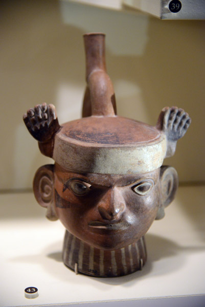 Ceramic vessel of man with headdress, Monche (AD100-800), Ancash Region, Peru