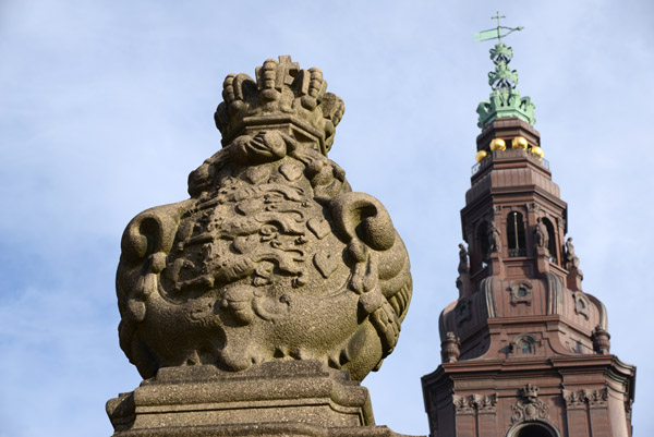 Danish coat-of-arms and the tower of Christiansborg Palace