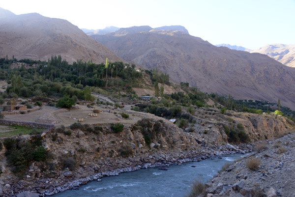 The narrow valley of the Panj River south of Khorog separating Badakhshan Province, Afghanistan from Tajikistan's GBAO