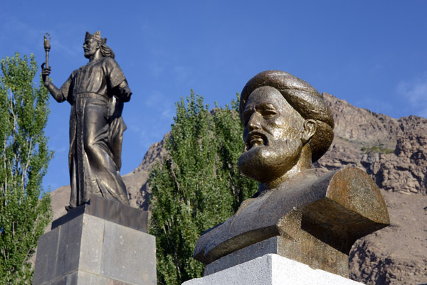 Main Square with statues of the heroes of Tajikistan along the Pamir Highway, Khorog