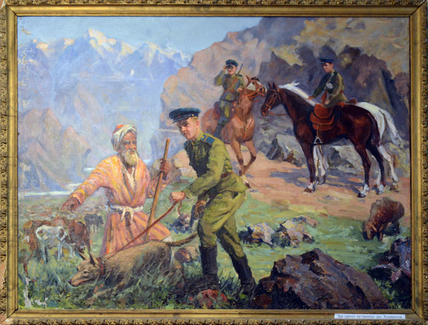 Soviet soldiers in a pastoral scene along the Panj River, Badakhan Autonomous Region