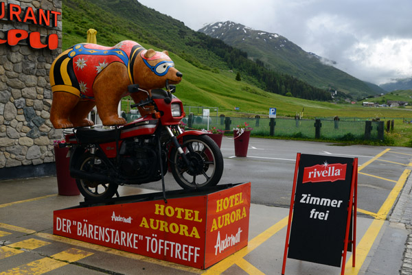 Bear on a motorcycle, Hotel Aurora, Andermatt