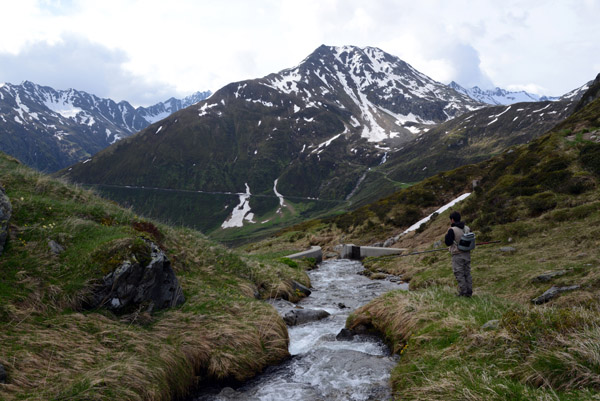 Fishing in a tiny mountain stream, Oberalppass