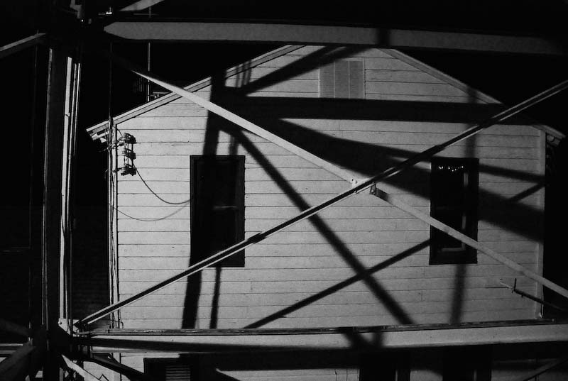 Spooky view of the Operations Building from half-way up the control tower