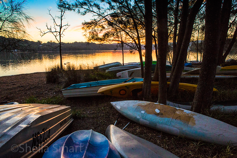 Dinghies at Narrabeen Lake at sunset