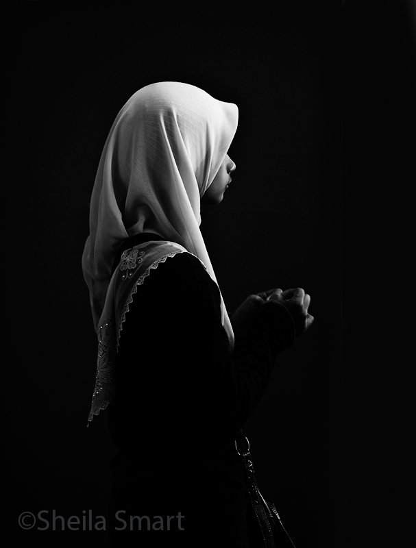 Schoolgirl in hijab in monochrome