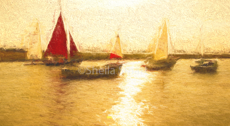 Yachts on waterway at Blakeney, Norfolk