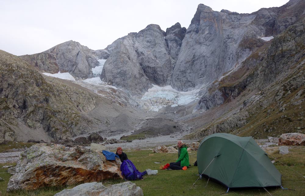 Camp on the alluvial plain below Vignameles north face