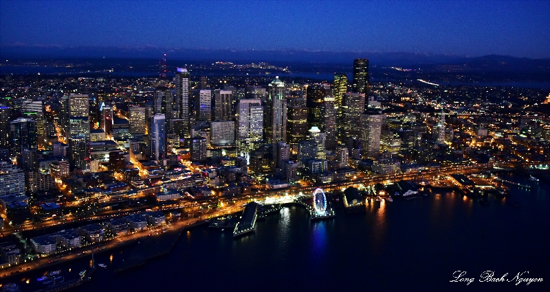 New Year Eve over Seattle 2014, Waterfront, Spokane Viaduct, Lake Washington, Bellevue, Cascade Mountains