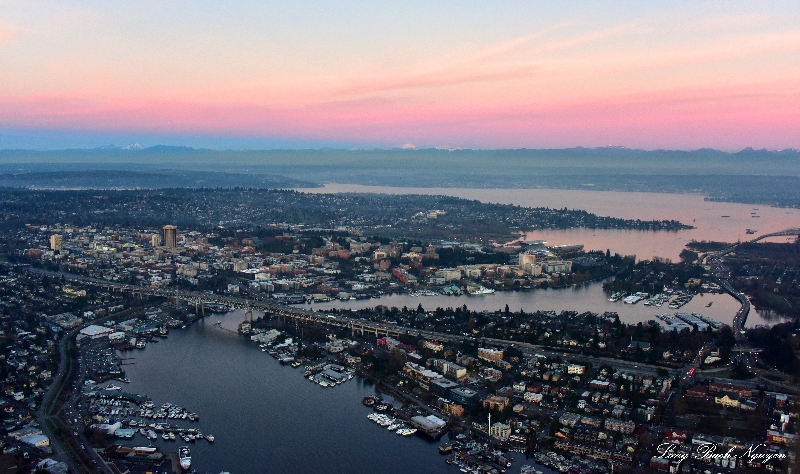 Pink Sky over Portage Bay, Ship Canal Bridge, University of Washington, Lake Washington