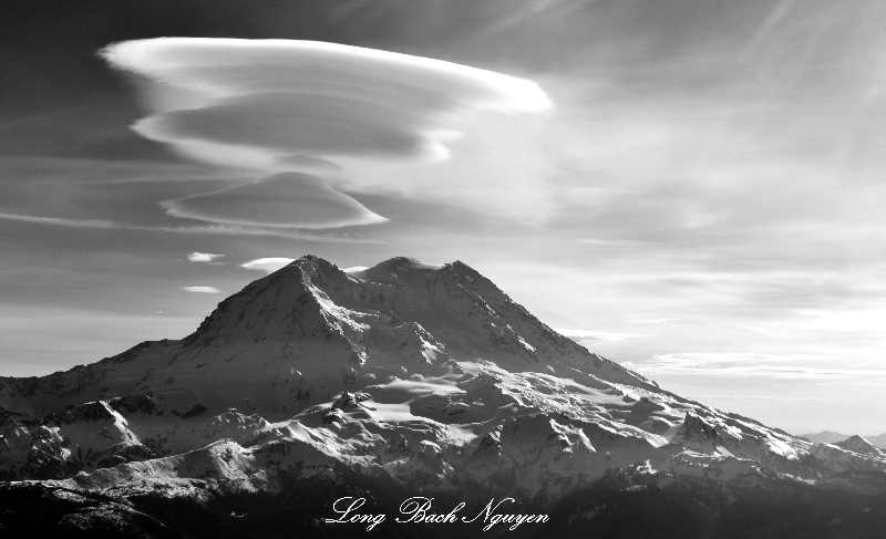Mount Rainier with Standing Lenticular Clouds, National Park, Washington State  