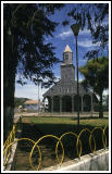 The church of Nuestra Seora de Loreto de Achao and town square.
