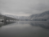  The lake at Bohinj, with mountains largely obscured by fog.