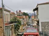 Delphi Main Street with the Orthodox Greek Church as the centerpiece.
