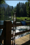 Flood marker over the Merced River