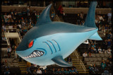 Between periods, a Shark floats through the arena