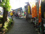 Businesses line the path to the waterfalls.