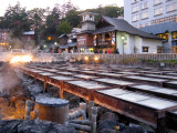 The hot water is cooled in the yubatakes wooden conduits before its distributed to users.